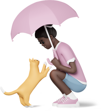 Girl holding umbrella and looking at cat